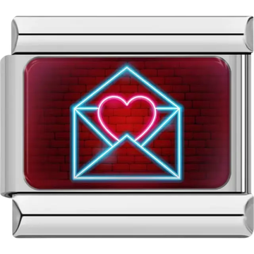 Pink neon heart inside a blue neon envelope on a red brick background Italian charm bracelet link