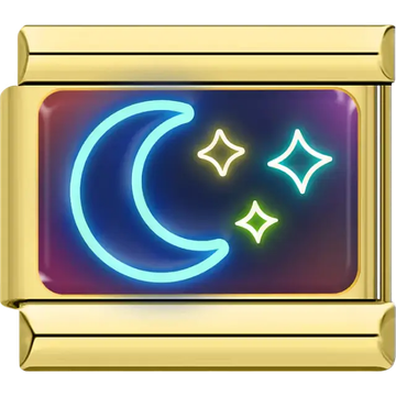 Blue neon crescent moon with yellow and green stars Italian charm bracelet link