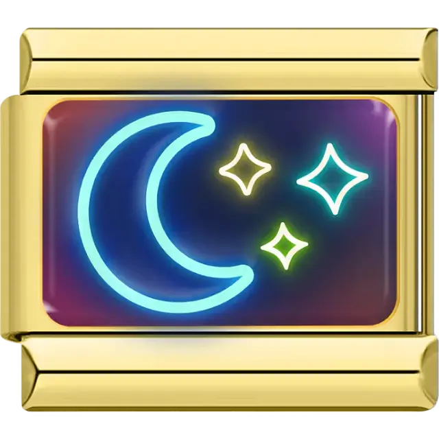 Blue neon crescent moon with yellow and green stars Italian charm bracelet link