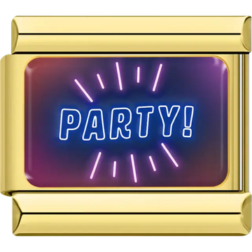 Blue neon "Party!" text with pink rays on multicolor background Italian charm bracelet link