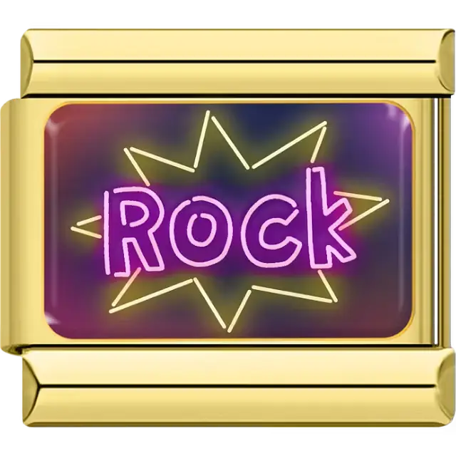 Pink neon "Rock" text with yellow starburst on multicolor background Italian charm bracelet link
