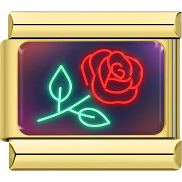 Red neon rose with green stem and leaves on multicolor background Italian charm bracelet link