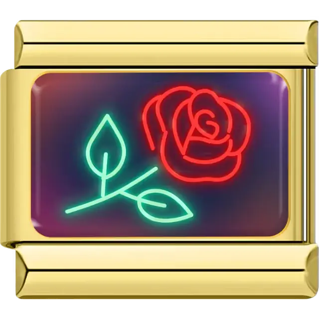 Red neon rose with green stem and leaves on multicolor background Italian charm bracelet link
