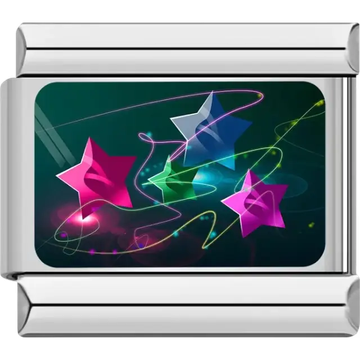 Pink blue and green neon stars with swirling light trails on a dark background Italian charm bracelet link