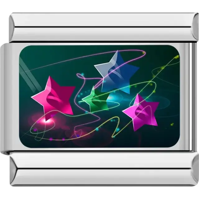 Pink blue and green neon stars with swirling light trails on a dark background Italian charm bracelet link