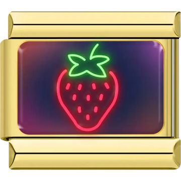 Red neon strawberry with green leaves on multicolor background Italian charm bracelet link
