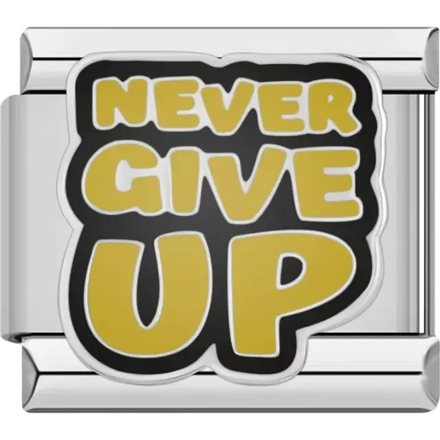 "Never Give Up" text design with black and gold accents Italian charm bracelet link