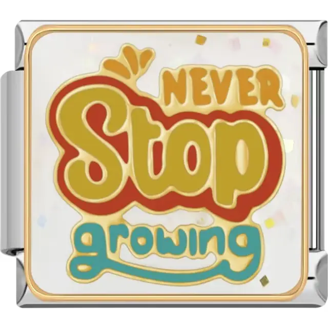 Gold, red, and blue "Never Stop Growing" text Italian charm bracelet link