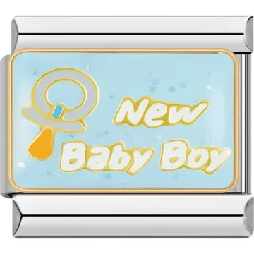 Blue charm with "New Baby Boy" text and a baby rattle design Italian charm bracelet link