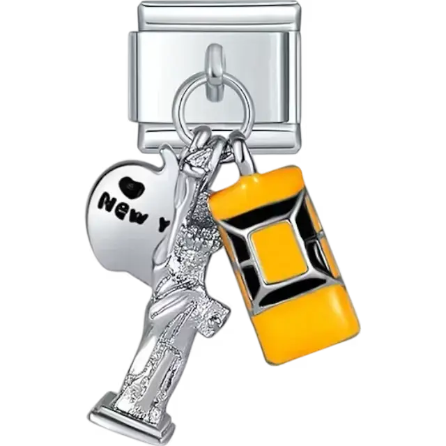 New York City design with apple Statue of Liberty and yellow taxi Italian charm bracelet link