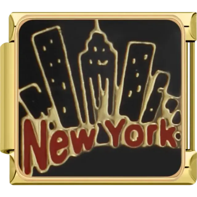Gold-outlined New York skyline with "New York" in bold red letters Italian charm bracelet link