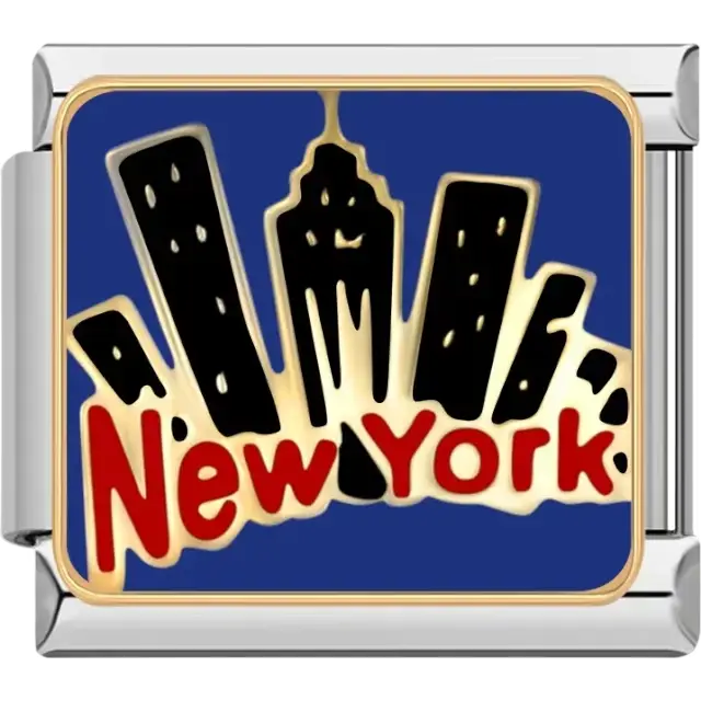 Gold-outlined New York skyline with "New York" in bold red letters Italian charm bracelet link