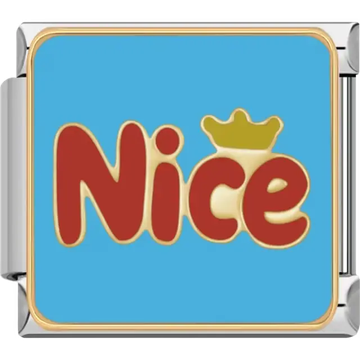 Red and gold "Nice" text with a gold crown on a blue background Italian charm bracelet link
