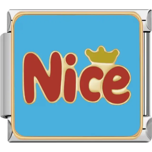 Red and gold "Nice" text with a gold crown on a blue background Italian charm bracelet link