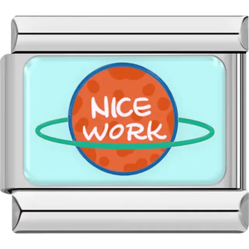 Light blue "NICE WORK" planet text Italian charm bracelet link