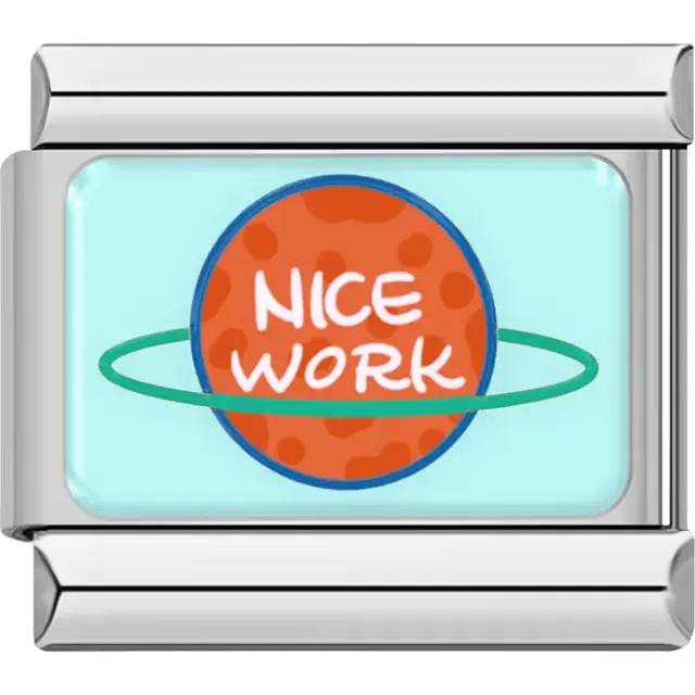 Light blue "NICE WORK" planet text Italian charm bracelet link
