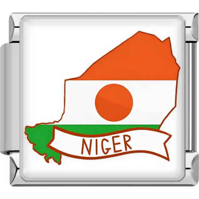 Orange white green map of Niger with orange circle and white banner Niger text Niger map flag Italian charm bracelet link