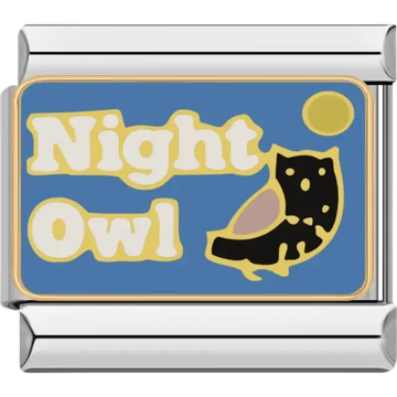 Blue background with "Night Owl" text, a black owl, and a yellow moon Italian charm bracelet link