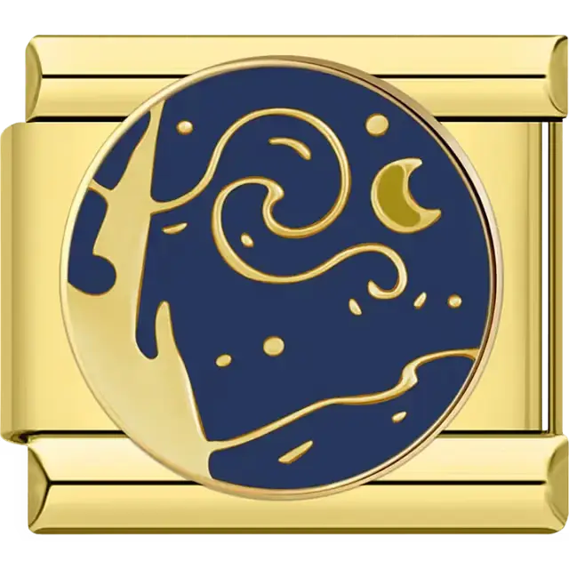 Circular starry night with crescent moon and gold accents Italian charm bracelet link