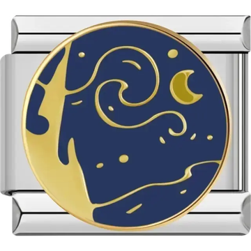 Circular starry night with crescent moon and gold accents Italian charm bracelet link