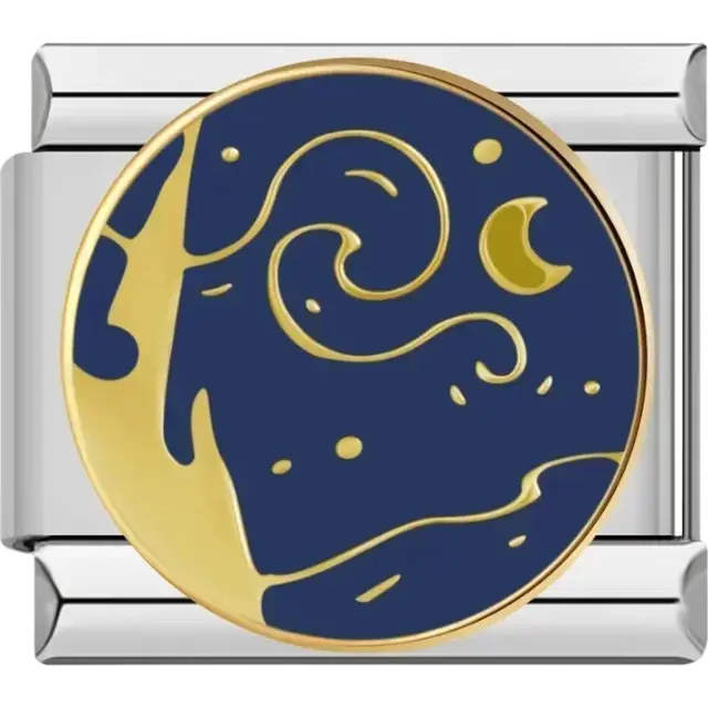 Circular starry night with crescent moon and gold accents Italian charm bracelet link