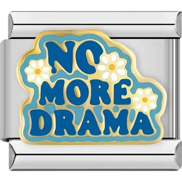 Gold and blue design with "No More Drama" text and white daisies Italian charm bracelet link