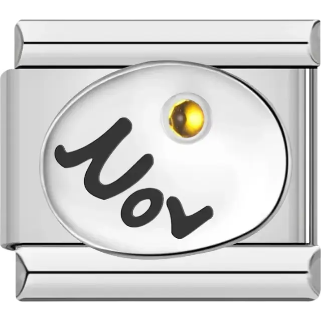 "Nov" text with a topaz-inspired yellow birthstone in an oval detail Italian charm bracelet link