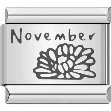 Chrysanthemum flower with "November" text detail Italian charm bracelet link