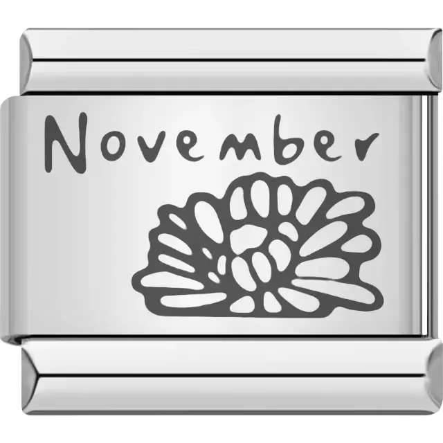 Chrysanthemum flower with "November" text detail Italian charm bracelet link
