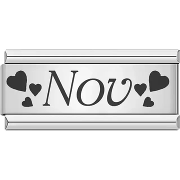 Black text spelling "Nov" surrounded by small and large black hearts Italian charm bracelet link