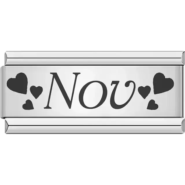 Black text spelling "Nov" surrounded by small and large black hearts Italian charm bracelet link
