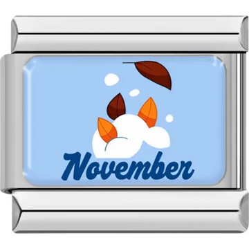 Falling orange and brown leaves with "November" in blue on light blue background Italian charm bracelet link