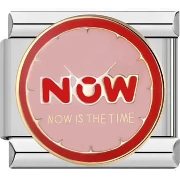 Red circular clock face with “Now” text and “Now is the time” Italian charm bracelet link