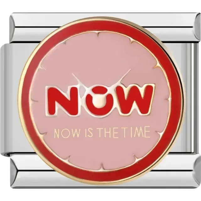 Red circular clock face with “Now” text and “Now is the time” Italian charm bracelet link