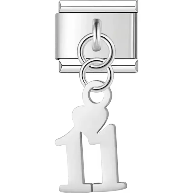 Number "11" heart dangle Italian charm bracelet link