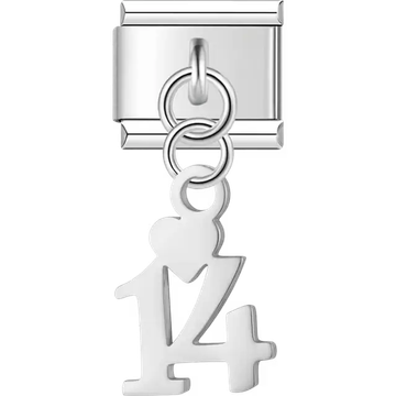 Number "14" heart dangle Italian charm bracelet link