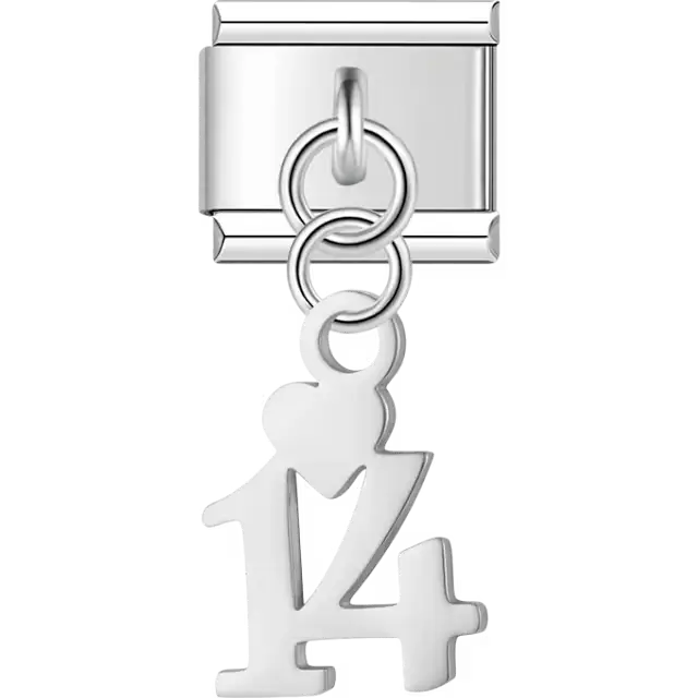 Number "14" heart dangle Italian charm bracelet link