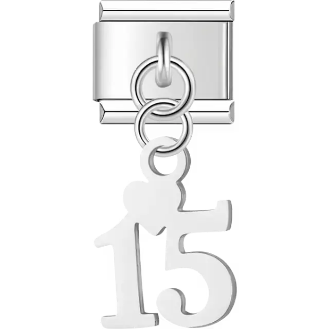 Number "15" heart dangle Italian charm bracelet link