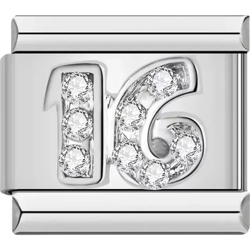 Number "16" with clear crystal accents Italian charm bracelet link