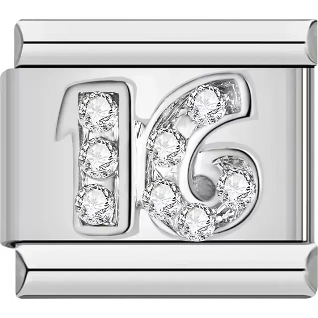 Number "16" with clear crystal accents Italian charm bracelet link
