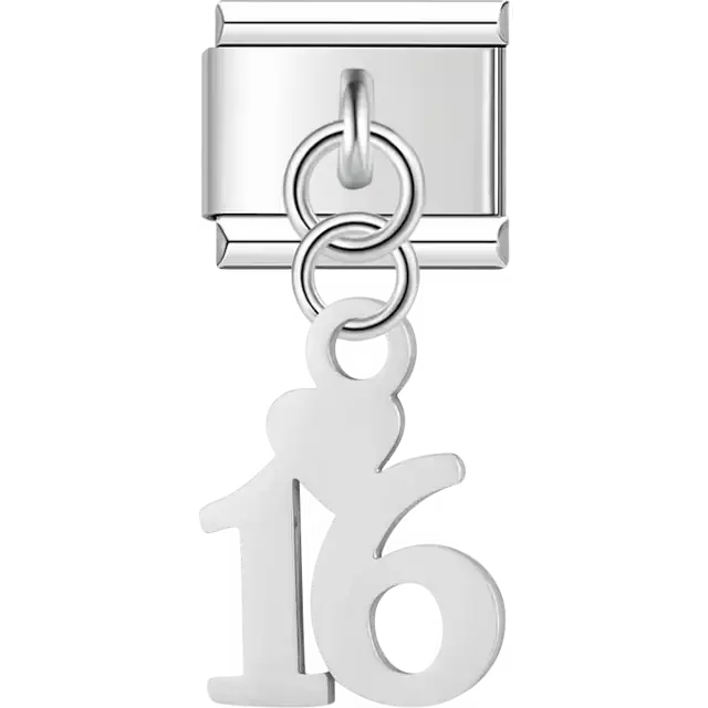 Number "16" heart dangle Italian charm bracelet link