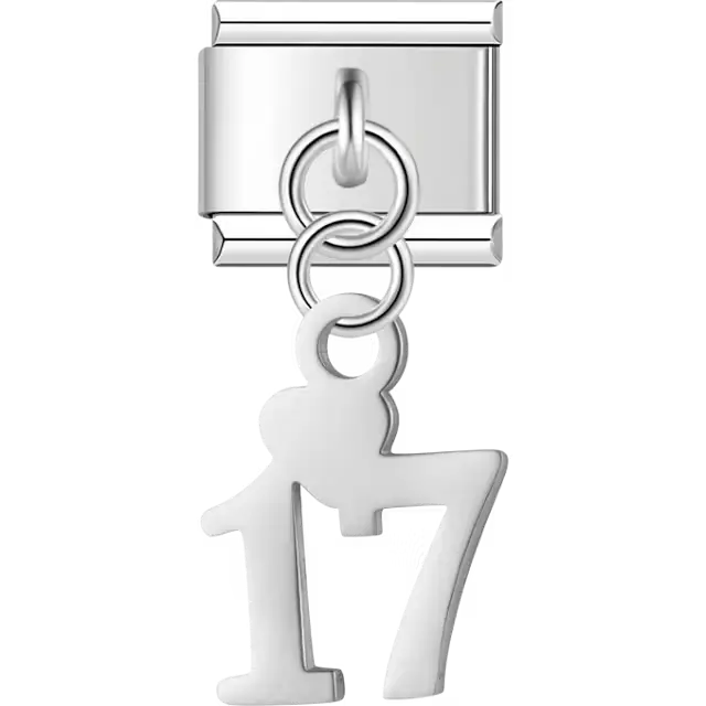 Number "17" heart dangle Italian charm bracelet link
