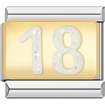 Number "18" with glittery accents on gold background Italian charm bracelet link