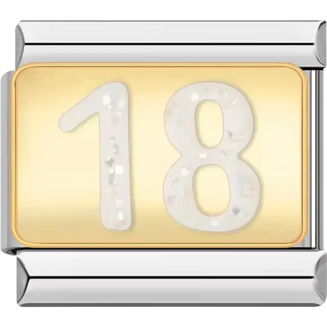 Number "18" with glittery accents on gold background Italian charm bracelet link