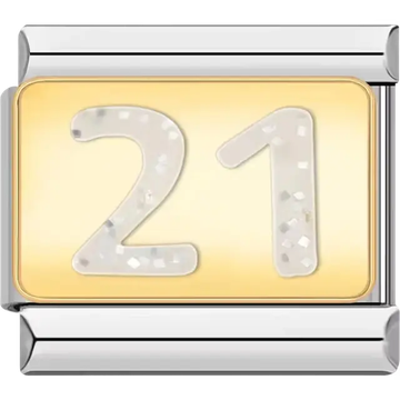 Number "21" with glittery accents on gold background Italian charm bracelet link