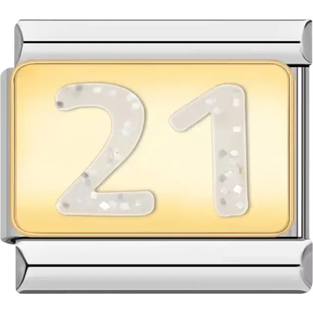 Number "21" with glittery accents on gold background Italian charm bracelet link
