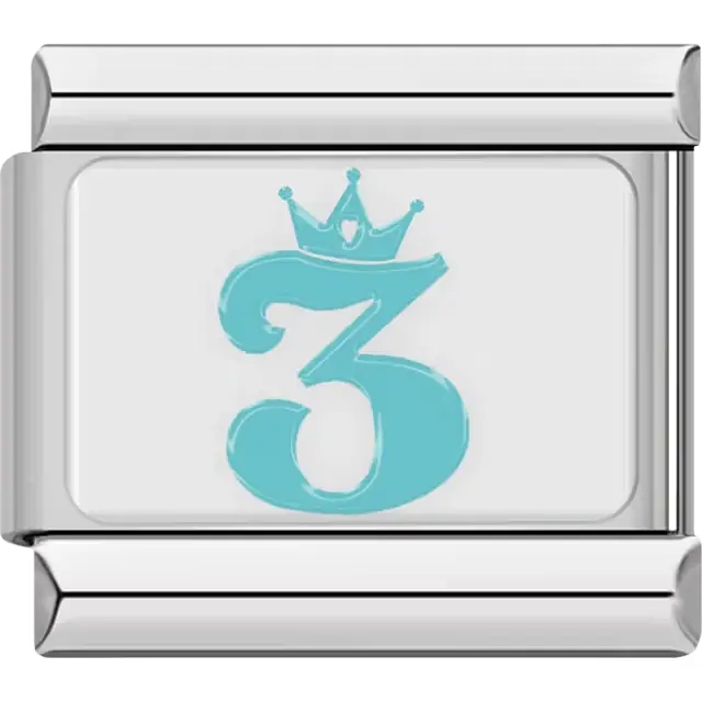 Blue number "3" crown Italian charm bracelet link