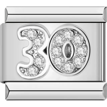 Number "30" with clear crystal accents Italian charm bracelet link