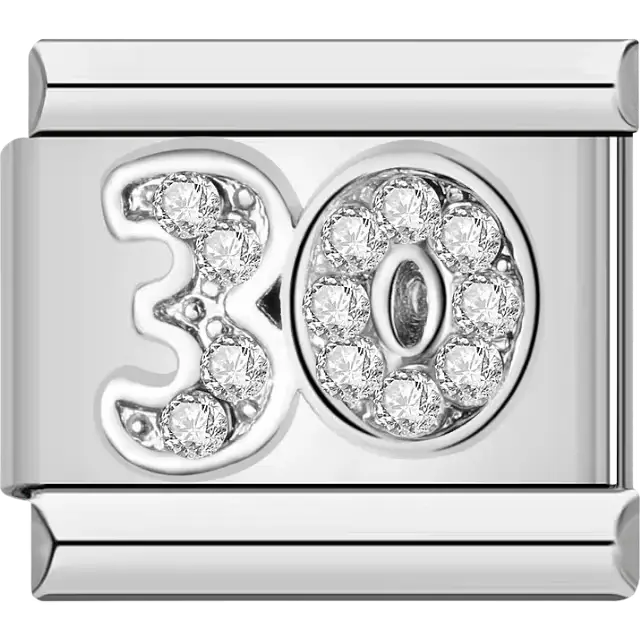 Number "30" with clear crystal accents Italian charm bracelet link