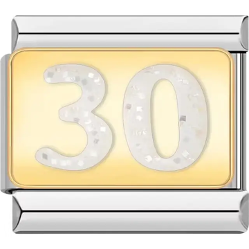 Number "30" with glittery accents on gold background Italian charm bracelet link